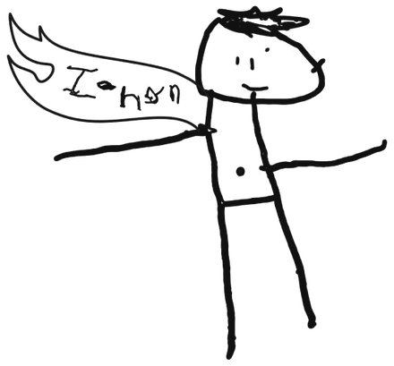 Dibujo infantil del Dr. Iohan como superhéroe, con una capa que lleva su nombre